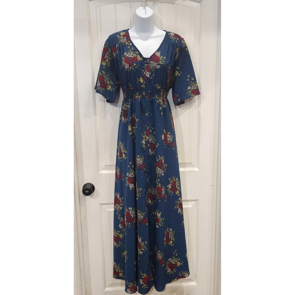 Wren & Ivory Women's L Navy Floral Maxi Dress Smocked Waist Button Front